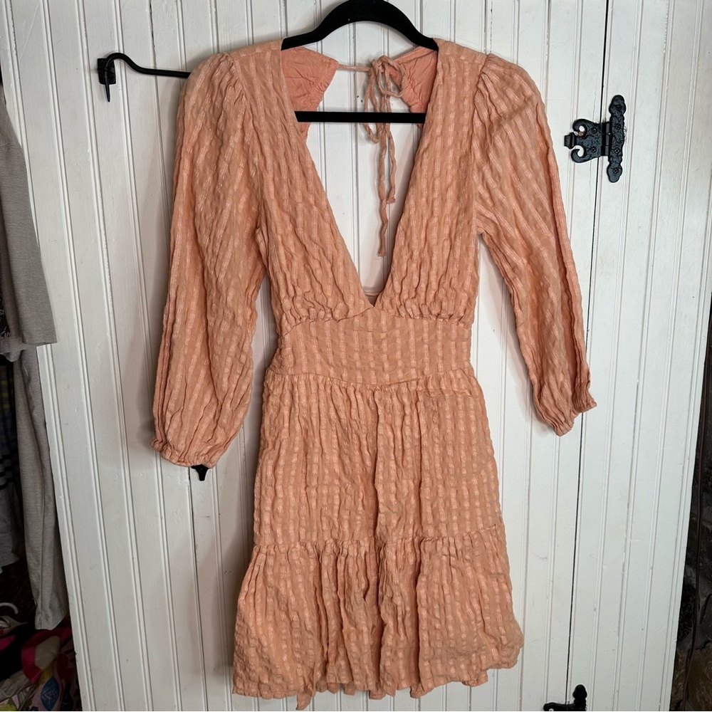 Lulus Light Orange Plaid Backless Long Sleeve Mini Dress size Medium M - Picture 2 of 7